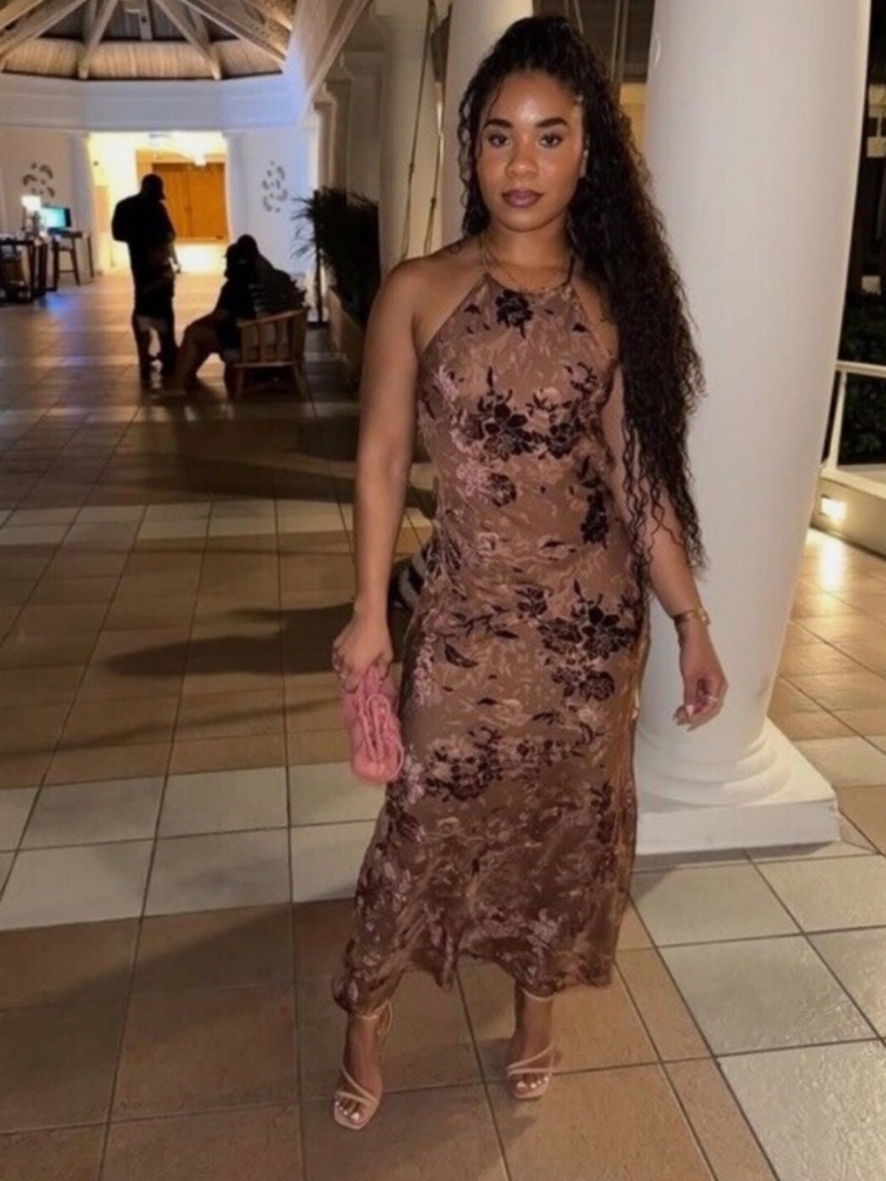 ZARA Halter Floral Velvet Dress in Brown